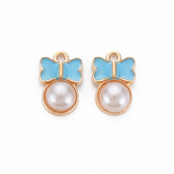 Alloy Enamel Charms, with ABS Plastic Imitation Pearl, Bowknot, Light Gold, Cyan, 15x10x4mm, Hole: 1.2mm