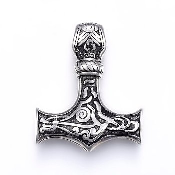 304 Stainless Steel Pendants, Thor's Hammer, Antique Silver, 37x30x9mm, Hole: 5mm