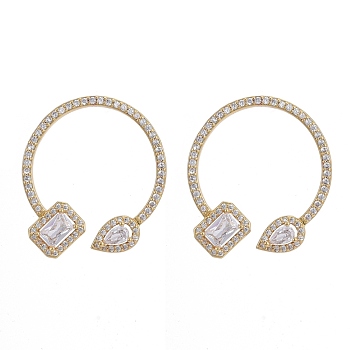 Brass Micro Pave Clear Cubic Zirconia Stud Earrings, Half Hoop Earrings, with Plastic Ear Nut, Long-Lasting Plated, Rectangle and Teardrop, Real 18K Gold Plated, 31.5x27mm, Pin: 0.8mm