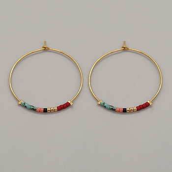 Glass Seed Beaded Hoop Earrings, Boho Beach Earrings, Dark Red, 30x30mm