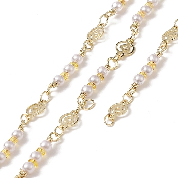 Rack Plating Golden Brass Flat Round with Heart Link Chains, with Plastic Pearl Beaded, Unwelded, with Card Paper, White, 19~19.5x3x3mm, 8x5x0.5mm