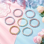 Flower Printed Porcelain Ceramic Beads Stretch Bracelets for Women, Round, with Brass Rhinestone Beads, Mixed Color, Inner Diameter: 2~2-1/8 inch(5.1~5.5cm)(BJEW-JB12375)