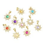 Brass Micro Pave Cubic Zirconia Pendants, with Resin, Sun Charms, Golden, Mixed Color, 17.5x15.5x3.5mm, Hole: 3.5mm(KK-K417-01G)
