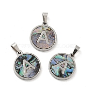 304 Stainless Steel with Paua Shell Pendants, Stainless Steel Color, Flat Round with Letter Charm, Letter.A, 18x16x1.5mm, Hole: 3x6mm(STAS-G268-02A-P)