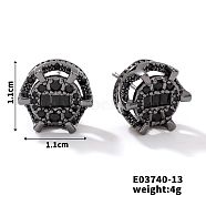 Chic Brass Cubic Zirconia Stud Earrings, Fashionable and Versatile Accessories, Flat Round, Black, 11x11mm(ZD1304-5)