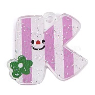 Acrylic Pendants, with Glitter Power, Letter with Smiley Face, Letter K, 29~38x21.5~34.5x2.8mm, Hole: 3mm(MACR-R002-02K)