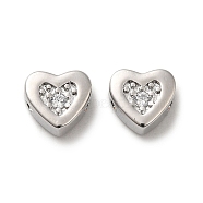 Real Platinum Plated Brass Beads, with Glass, Heart, Clear, 7x7.5x3.5mm, Hole: 1mm(KK-H455-09P-01)