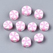 Handmade Polymer Clay Beads, Flat Round, Pearl Pink, 9~10x4mm, Hole: 1.6mm(CLAY-N011-019B)