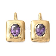 Real 14K Gold Plated 304 Stainless Steel Pendants, with Glass Rhinestone, Rectangle Charms, Amethyst, 20x12.5x4.5mm, Hole: 4.5x2mm(STAS-L022-056G-01)
