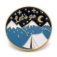 Alloy Enamel Brooches, Enamel Pin, with Butterfly Clutches, Flat Round with Word Let's Go, Mountain, Colorful, Golden, 26mm(JEWB-O004-03)