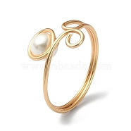 Alloy Wire Wrap Open Cuff Ring with Shell Pearl, Golden, US Size 9 3/4(19.5mm)(RJEW-TA00095)