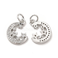 Brass Micro Pave Cubic Zirconia Charms, with Jump Ring, Moon with Star Charm, Platinum, 14.8x11.8x2mm, Hole: 2.5mm(KK-E068-VB110)
