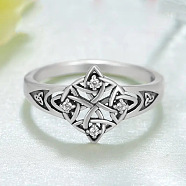 Celtic Knot Brass with Crystal Rhinestone Finger Rings, Antique Silver, US Size 8(18.1mm)(FS-WG1EEAC-02)