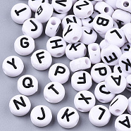 White Opaque Acrylic Beads, Horizontal Hole, Flat Round with Letter, Black, Letter, 7x4mm, Hole: 1.8mm(X-SACR-R249-01M)