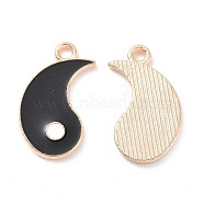 Alloy Enamel Pendants, Light Gold, Yin Yang Charm, Black, 19x10x1.2mm, Hole: 1.6mm(PALLOY-D015-05A)