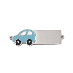 304 Stainless Steel Light Sky Blue Enamel Vehicle Connector Charms, Stainless Steel Color, Car, 30.5x10x1mm, Hole: 1.2mm(STAS-P377-13P-C)