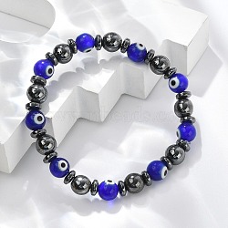 Handmade Evil Eye Lampwork Beads Stretch Bracelets, with Non-Magnetic Synthetic Hematite Beads, Round, Blue, 2-1/4 inch(5.8cm)(BJEW-JB04461-02)