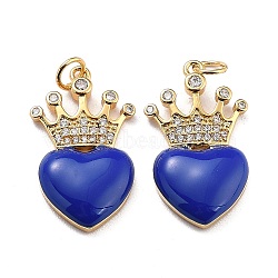 5Pcs Eco-Friendly Brass Micro Pave Cubic Zirconia Pendants, with Enamel & Jump Ring, Real 18K Gold Plated, Long-Lasting Plated, Heart with Crown, Midnight Blue, 25x14.5x4mm, Hole: 3.6mm(ZIRC-SZ0003-08A)