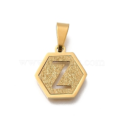 304 Stainless Steel Charms, Real 18K Gold Plated, Hexagon with Letter Charm, Letter Z, 15x14x1.5mm, Hole: 3x5.5mm(STAS-H227-01G-Z)