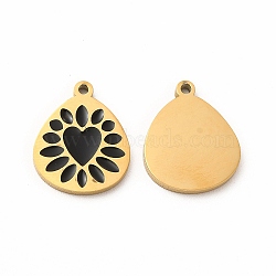 Ion Plating(IP) 304 Stainless Steel Enamel Pendants, Teadrop with Heart Pattern, Black, 15x12x1mm, Hole: 1.2mm(STAS-F291-04G-02)