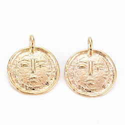 Brass Pendants, Nickel Free, Flat Round with Abstract Face, Real 18K Gold Plated, 21x17x1.5mm, Hole: 3mm(KK-S356-517-NF)