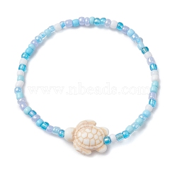 Dyed Synthetic Turquoise Beaded Stretch Bracelets for Kids, with Glass Seed Beads, Turtle, White, Inner Diameter: 2 inch(5.2cm)(BJEW-JB110102-02)