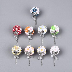 Handmade Polymer Clay Rhinestone Beads with Resin Alloy Iron Chain Glass ABS Imitation Pearl, Round with Flower, for DIY Jewelry & Pen Decorations, Mixed Color, 19~20x20~21x20~21mm, Hole: 2mm(RESI-T060-27M)