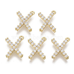 Brass Micro Pave Cubic Zirconia Charms, Nickel Free, Letter, Clear, Real 18K Gold Plated, Letter.X, 15x11.5x2.5mm, Hole: 1.2mm(KK-T060-05-X-G-NF)