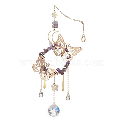 Iron Butterfly & Natural Amethyst Chip Ring Pendant Decorations, Glass Round Tassel Charms for Garden Home Decoration, 295mm, Pendants: 180x90mm(HJEW-TA00244)