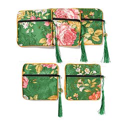 Chinese Style Floral Cloth Jewelry Storage Zipper Pouches, Square Jewelry Gift Case with Tassel, for Bracelets, Earrings, Rings, Random Pattern, Medium Sea Green, 115x115x7mm(AJEW-D063-01I)