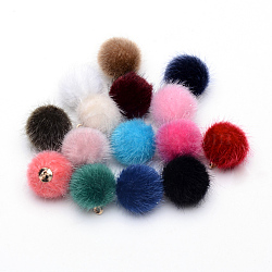 Faux Mink Fur Covered Charms, with Golden Tone Brass Findings, Round, Mixed Color, 17x14~15mm, Hole: 2mm(WOVE-S084-37)