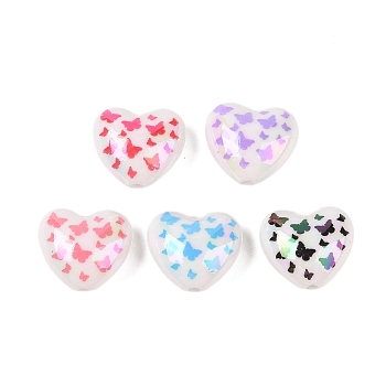 UV Plating Print Acrylic Beads, Heart with Butterfly, Mixed Color, 19.5x22.5x12.5mm, Hole: 3mm