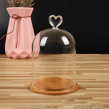 Clear Glass Dome Cover, Decorative Display Case, Cloche Bell Jar Terrarium with Bamboo Base, Heart Pattern, 90x140mm