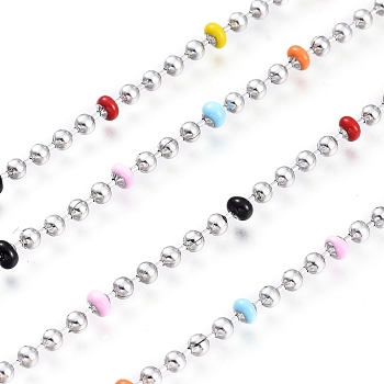 304 Stainless Steel Ball Chains, with Enamel and Spool, Colorful, Stainless Steel Color,Beads: 2.5mm and 3mm, about 32.8 Feet(10m)/roll