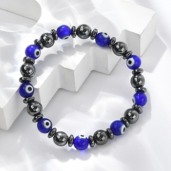 Handmade Evil Eye Lampwork Beads Stretch Bracelets, with Non-Magnetic Synthetic Hematite Beads, Round, Blue, 2-1/4 inch(5.8cm)