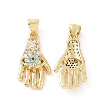 Brass Micro Pave Cubic Zirconia Pendants, Hand with Evil Eye Charm, Golden, 26x11.5x4mm, Hole: 5x3mm