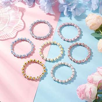 Flower Printed Porcelain Ceramic Beads Stretch Bracelets for Women, Round, with Brass Rhinestone Beads, Mixed Color, Inner Diameter: 2~2-1/8 inch(5.1~5.5cm)