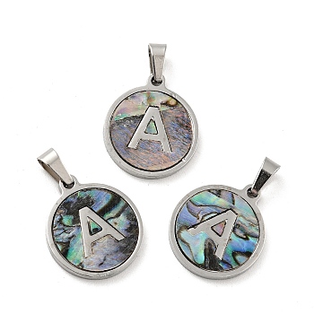 304 Stainless Steel with Paua Shell Pendants, Stainless Steel Color, Flat Round with Letter Charm, Letter.A, 18x16x1.5mm, Hole: 3x6mm