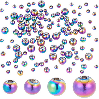 Elite 100Pcs 4 Style Rack Plating Rainbow Color 304 Stainless Steel Beads, Cadmium Free & Nickel Free & Lead Free, Round, 4~8x3~6.5mm, Hole: 1.2~1.8mm, 25pcs/style