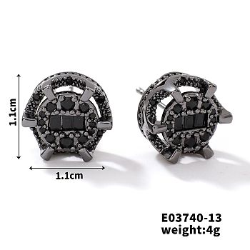 Chic Brass Cubic Zirconia Stud Earrings, Fashionable and Versatile Accessories, Flat Round, Black, 11x11mm