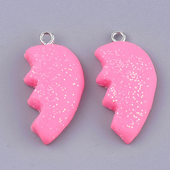 Handmade Polymer Clay Pendants, with Iron Findings and Glitter Powder, Platinum, Hot Pink, 31~32x15~16x6mm, Hole: 1.8mm