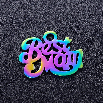 Ion Plating(IP) 201 Stainless Steel Charms, for Mother's Day, Phrase Best Mom, Rainbow Color, 10x14x1mm, Hole: 1.5mm