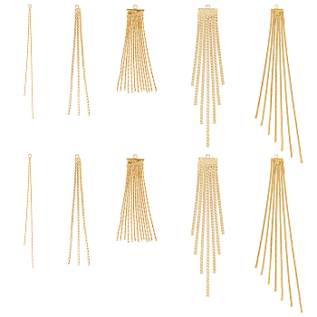 10Pcs 5 Style Brass Chain Tassel Big Pendants, Real 18K Gold Plated, 62~103x2~10x0.5~4mm, Hole: 1~1.6mm, 2pcs/style