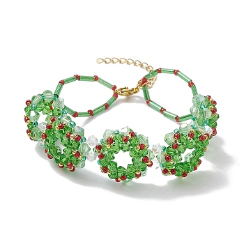 Handmade Glass Seed Christmas Wreath Beaded Bracelets for Women, Light Green, 7-1/8 inch(18cm)