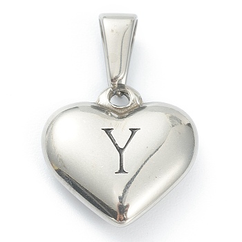 304 Stainless Steel Pendants, Heart with Black Letter, Stainless Steel Color, Letter.Y, 16x16x4.5mm, Hole: 7x3mm