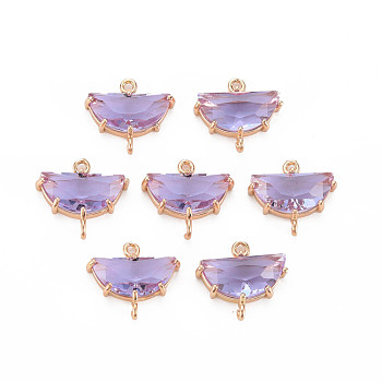 Transparent Faceted Glass Connector Charms, with Light Gold Tone Brass Findings, Cadmium Free & Lead Free, Half Flat Round, Lilac, 14.5x16.5x5.5mm, Hole: 1.2mm
