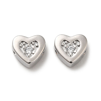 Real Platinum Plated Brass Beads, with Glass, Heart, Clear, 7x7.5x3.5mm, Hole: 1mm