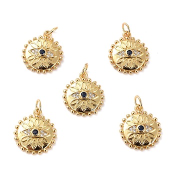 Brass Micro Pave Cubic Zirconia Pendants, Long-Lasting Plated, Cadmium Free & Lead Free, Flat Round with Eye, Real 18K Gold Plated, 16.5x14x3.5mm, Hole: 3.4mm