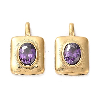 Real 14K Gold Plated 304 Stainless Steel Pendants, with Glass Rhinestone, Rectangle Charms, Amethyst, 20x12.5x4.5mm, Hole: 4.5x2mm