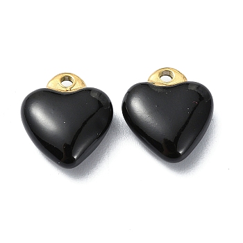 Ion Plating(IP) Real 18K Gold Plated 304 Stainless Steel Pendants, with Enamel, Heart Charms, Black, 12x10.5x5mm, Hole: 1.2mm